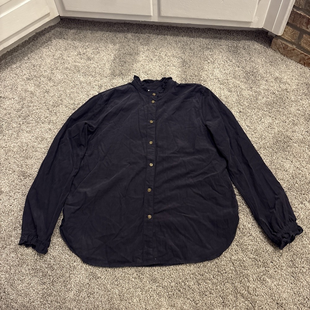 J Crew Classic Fit Ruffle Neck Soft Corduroy Shirt Size 12 Blue BM851 L/S Casual